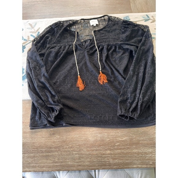 MISA Los Angeles Boho Tassel Blouse Long Sleeve‎ Lace Top Black XS - Picture 2 of 7